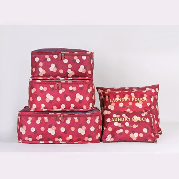 Korean-style Travel Storage Bag Clothes Household 6-piece Storage Bag Underwear Panties Pull Rod Storage Set 6-piece Set Wine red flowers