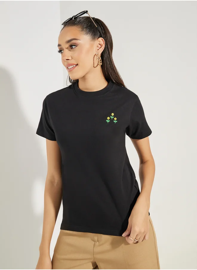 Styli Styli Regular Fit Embroidery Detail Round Neck T-Shirt