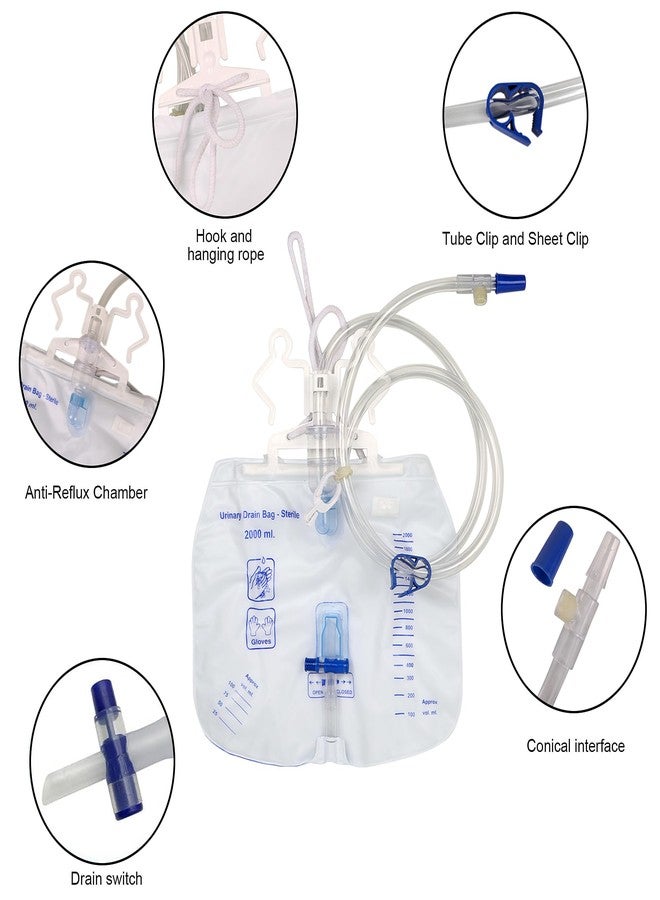 ANGEL TOUCH Pack of 5,Angel Touch Disposable Urinary Drainage Bag, Urine Collection Bag 2000 ml Volume,with Anti-Reflux Chamber, 48" Drainage Tube, Clips and Hanging Hook for Home,Professional and Hospitals. - Image 4