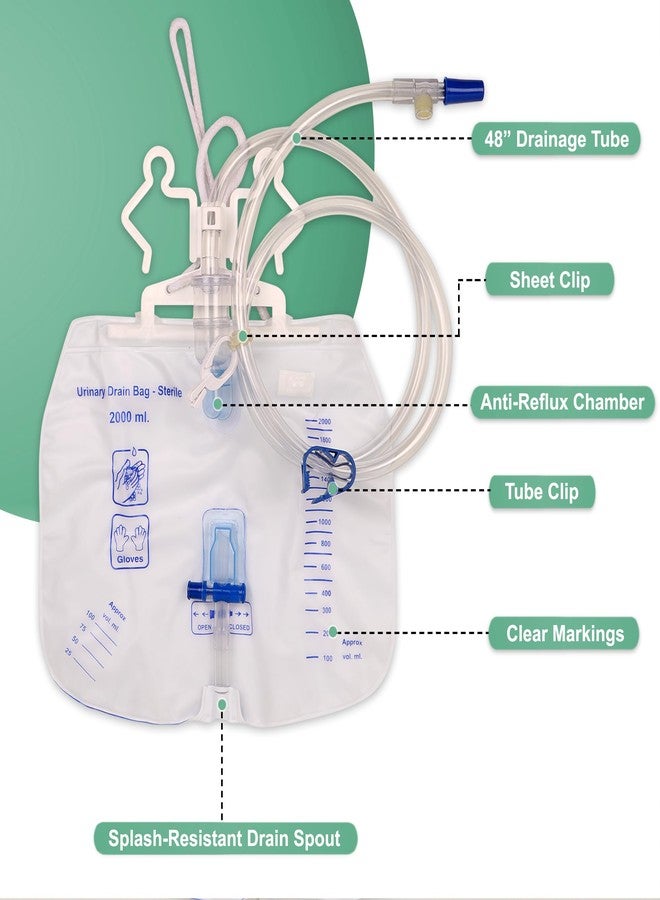 ANGEL TOUCH Pack of 5,Angel Touch Disposable Urinary Drainage Bag, Urine Collection Bag 2000 ml Volume,with Anti-Reflux Chamber, 48" Drainage Tube, Clips and Hanging Hook for Home,Professional and Hospitals. - Image 2