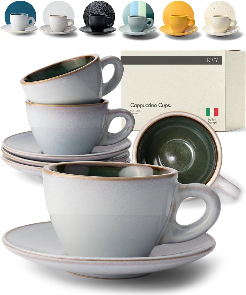 KIVY Cappuccino cups [4x 8oz] - Thick-walled stoneware cappuccino cup set for latte art - Latte mugs - Latte cup set - Small coffee cups - Latte art cup - Ceramic latte cup and saucer set of 4 - Image 1