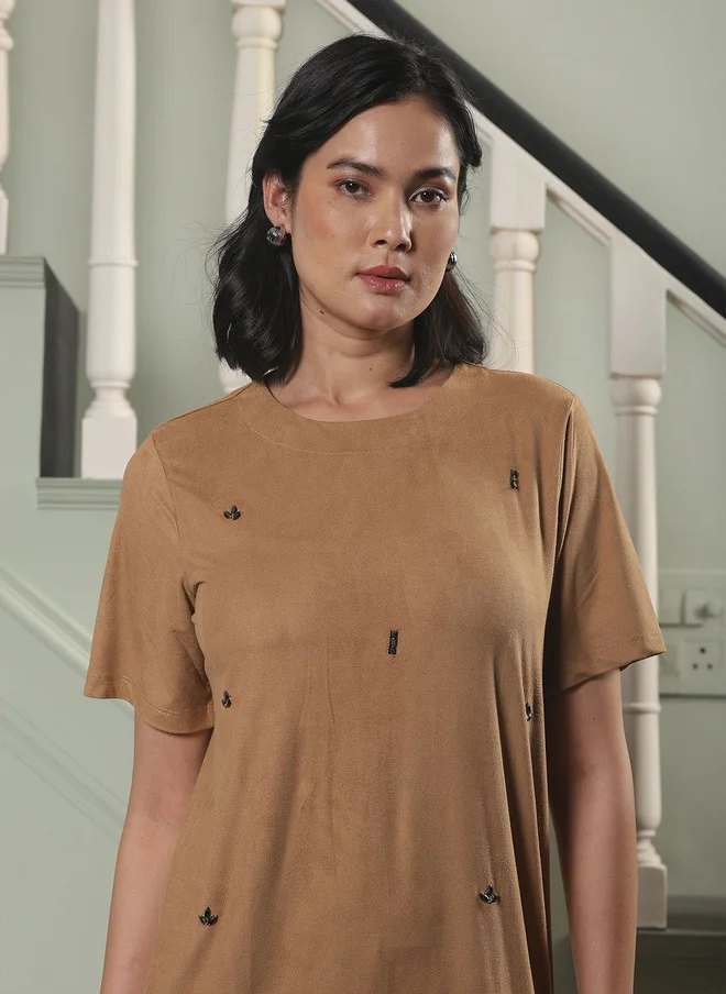 Salt Attire  SALT ATTIRE Women Round Neck Velvet T-shirt Dress for Women | Best Price UAE