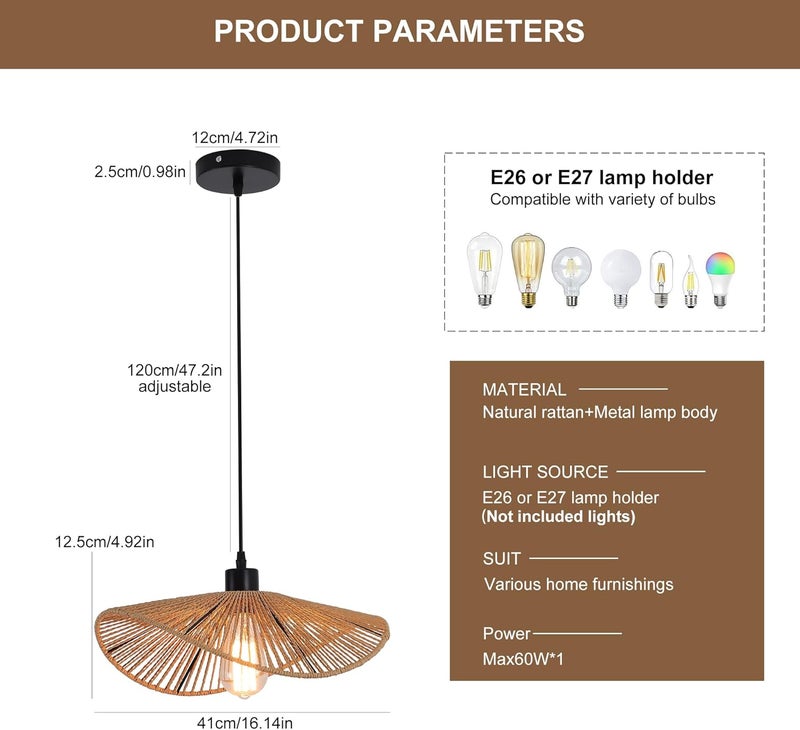 Garwarm Chandelier Boho Rattan ceiling light Pendant Light Fixture Modern Hanging Light Bamboo Handwoven 1-Light Hanging Lamp for Farmhouse Bedroom Living Room Dining Room 41cm - Image 2