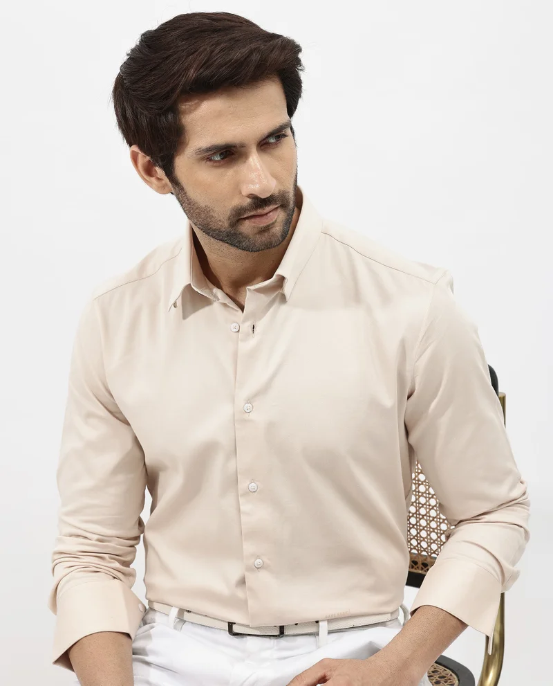 Rare Rabbit Rare Rabbit Men's Holand Light Beige Satin Fabric Full Sleeves Solid Shirt