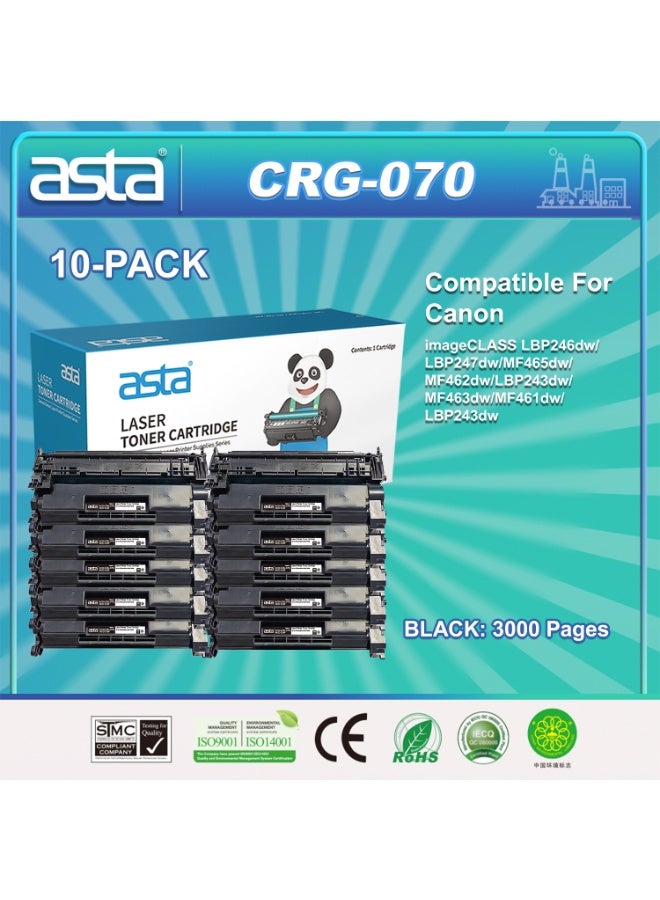 استا عبوة من 10 خراطيش حبر أسود ASTA CRG-070 مزودة بشريحة، متوافقة مع طابعات Canon imageCLASS LBP246dw، LBP247dw، MF465dw، MF462dw، LBP243dw، MF463dw، MF461dw، LBP243dw. تطبع ما يصل إلى 3000 صفحة. مناسبة للمستشفيات والمدارس والعديد من الأماكن الأخرى. متوفرة للشراء بالجملة بأسعار مناسبة. - Image 1