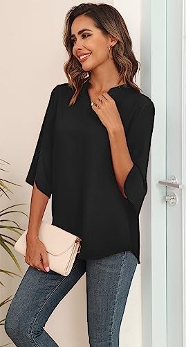 Askyes Womens Chiffon Blouses Summer Spring Trendy Work Tops Shirt 2024 Dressy Casual Blouses for Women,Black,L - Image 4