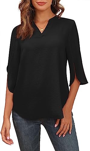Askyes Womens Chiffon Blouses Summer Spring Trendy Work Tops Shirt 2024 Dressy Casual Blouses for Women,Black,L - Image 1
