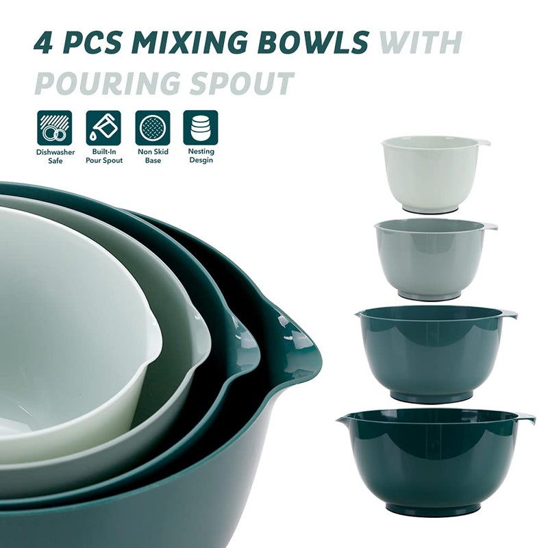 BoxedHome Green Ombre Nesting Plastic Mixing Bowl Set With Pour Spout, Microwave and Dishwasher Safe, BPA free Non-Slip Base, Set of 4 Size 1.7, 2.5, 3.5 and 4.5qt, Great for Prepping, Baking, Cooking - Image 3