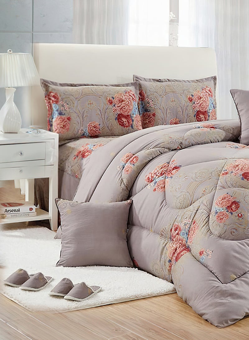 Moon Bed In A Bag Medium Filling King Size Comforter Set, 10 Pcs Floral Bedding Set Size 220 X 240 Cm with Comforter, Quilted Bed Skirt, Pillowcases, Cushion & Bedroom Slipper, Multicolor  - Image 1