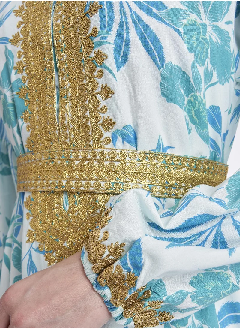 KASHKHA Rayon Tropical Print Jalabiya with Scarf