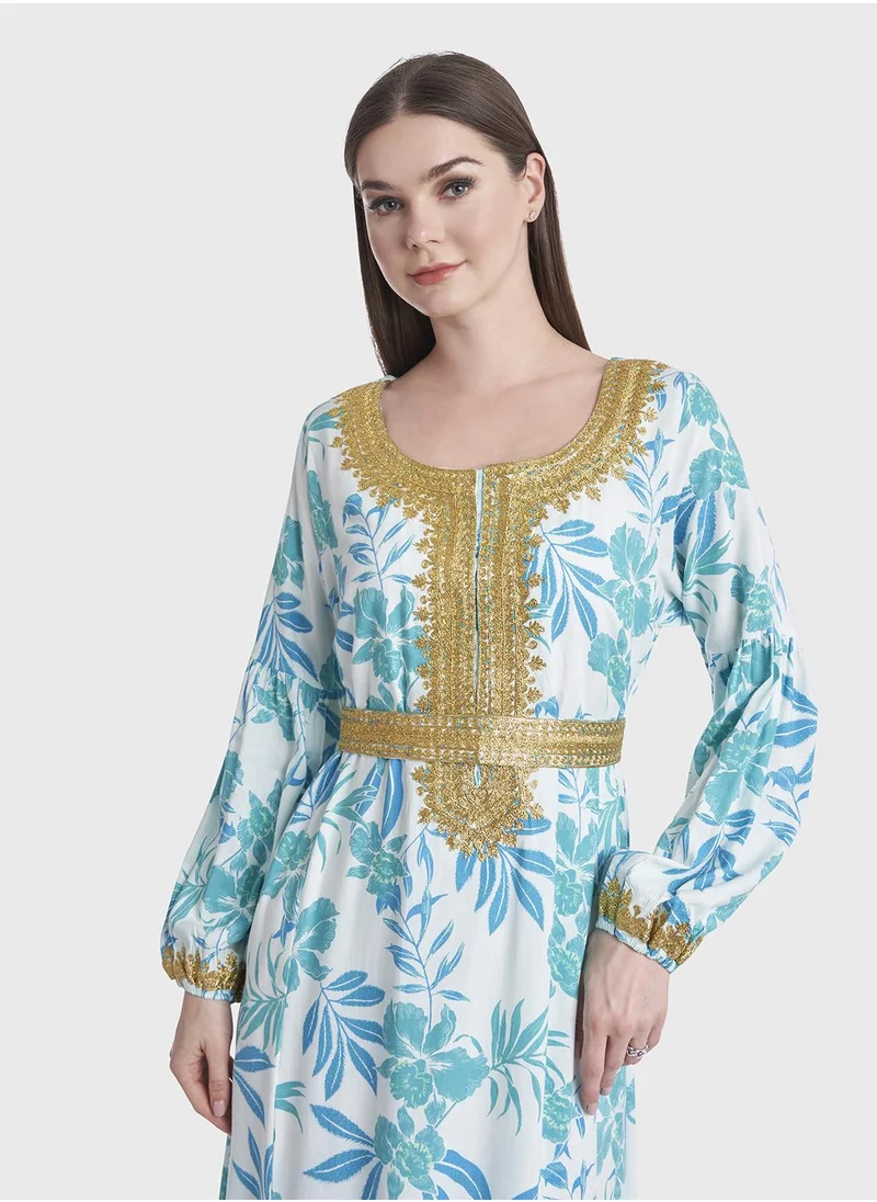KASHKHA Rayon Tropical Print Jalabiya with Scarf