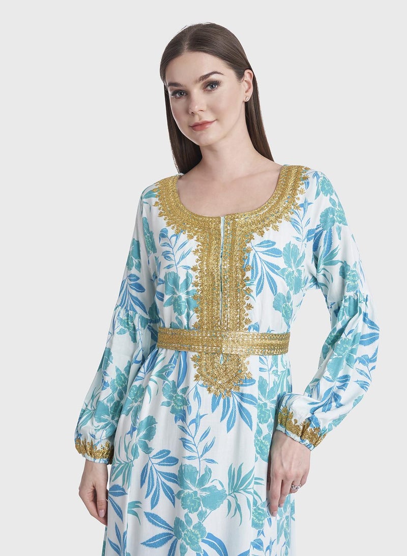 كشخة جلابية رايون بطبعة استوائية مع وشاح - Image 2