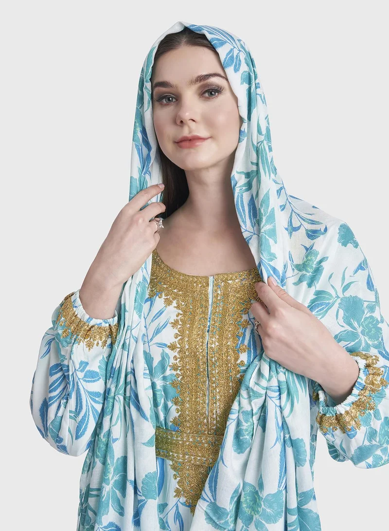 KASHKHA Rayon Tropical Print Jalabiya with Scarf