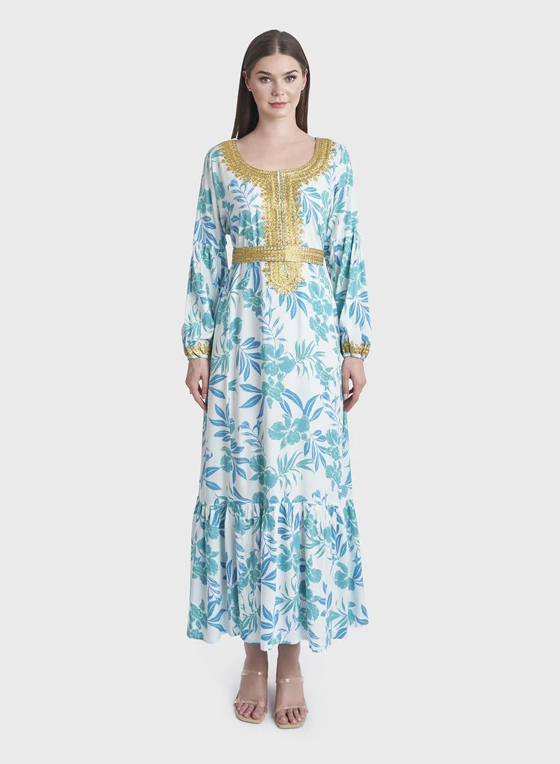 KASHKHA Rayon Tropical Print Jalabiya with Scarf