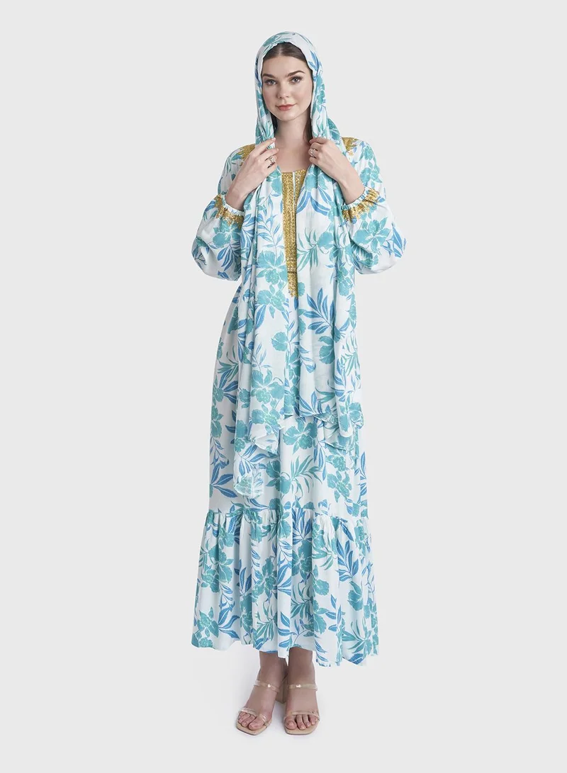 KASHKHA Rayon Tropical Print Jalabiya with Scarf