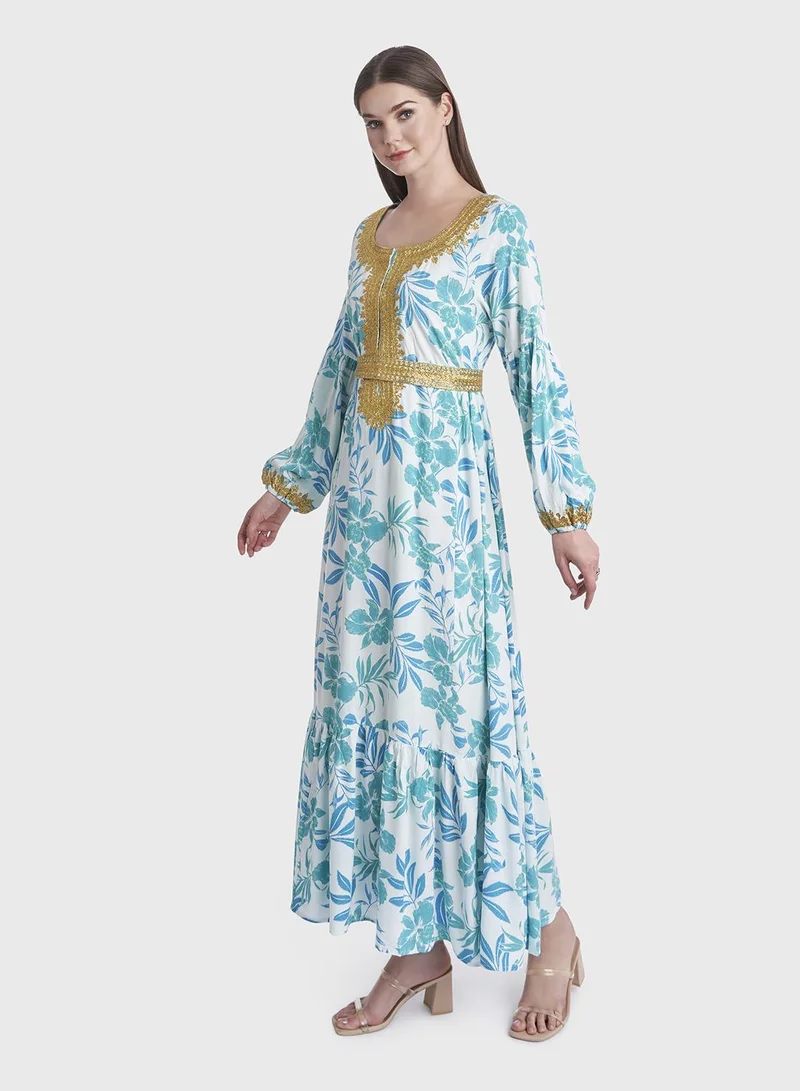 KASHKHA Rayon Tropical Print Jalabiya with Scarf