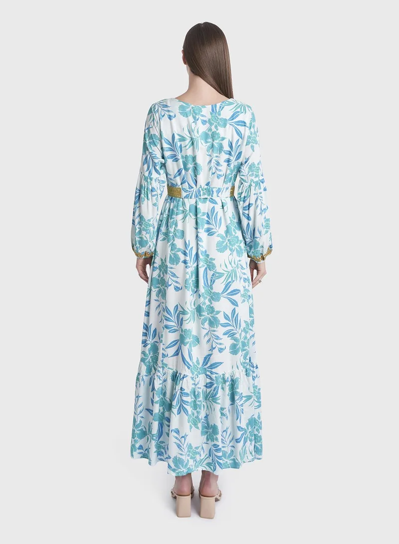 KASHKHA Rayon Tropical Print Jalabiya with Scarf