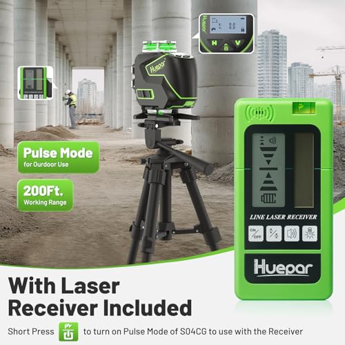 Huepar 16 Lines Self Leveling Laser Level 4x360° Cross Line Laser with Receiver -LCD Screen, 4D Bluetooth Green Beam Tiling Floor Laser Tool, 360° Horizontal/Vertical Laser Kit -Remote Control S04-5RG - Image 2
