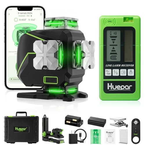 Huepar 16 Lines Self Leveling Laser Level 4x360° Cross Line Laser with Receiver -LCD Screen, 4D Bluetooth Green Beam Tiling Floor Laser Tool, 360° Horizontal/Vertical Laser Kit -Remote Control S04-5RG - Image 1