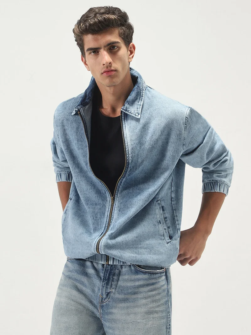 Urbano Fashion Urbano Fashion Men's Light Blue Relaxed Fit Full Sleeve Harrington Denim Jacket