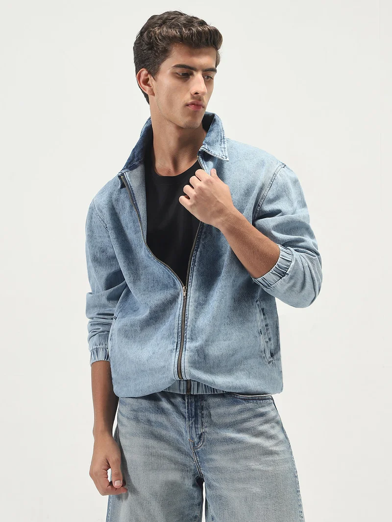 Urbano Fashion Urbano Fashion Men's Light Blue Relaxed Fit Full Sleeve Harrington Denim Jacket