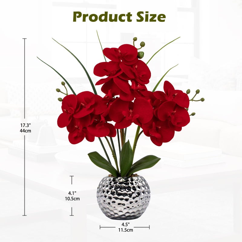 Briful Orchid Artificial Flowers 20'' Red Faux Orchid Flowers with Silver Vase Fake Phalaenopsis Silk Flowers for Home Office Dinning Room Kitchen Table Centerpiece Decor - Image 2