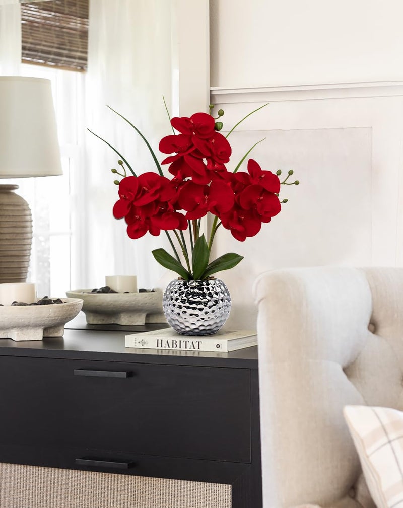 Briful Orchid Artificial Flowers 20'' Red Faux Orchid Flowers with Silver Vase Fake Phalaenopsis Silk Flowers for Home Office Dinning Room Kitchen Table Centerpiece Decor - Image 5