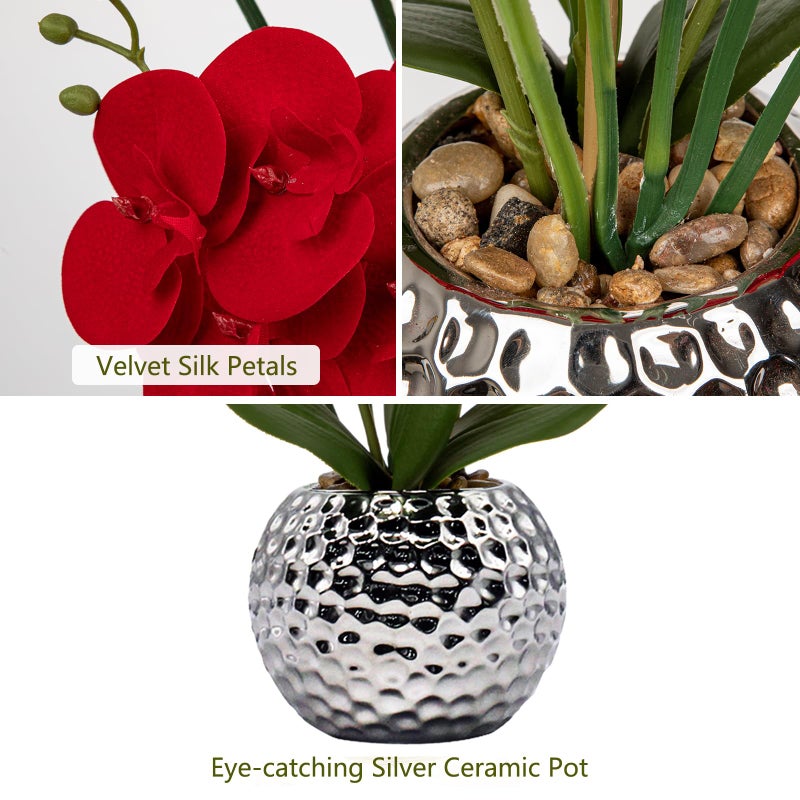 Briful Orchid Artificial Flowers 20'' Red Faux Orchid Flowers with Silver Vase Fake Phalaenopsis Silk Flowers for Home Office Dinning Room Kitchen Table Centerpiece Decor - Image 3