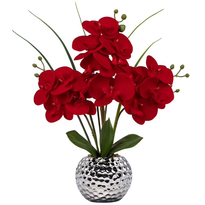Briful Orchid Artificial Flowers 20'' Red Faux Orchid Flowers with Silver Vase Fake Phalaenopsis Silk Flowers for Home Office Dinning Room Kitchen Table Centerpiece Decor - Image 1