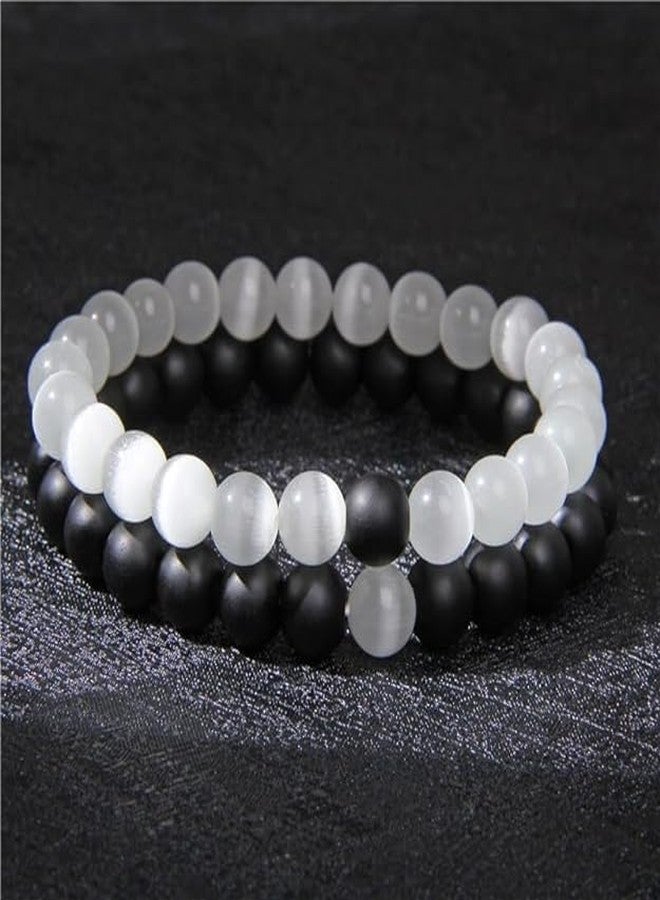 BEAUTIVIA Bracelet for Women Men boys Fashion White Black Beads Bracelets Couple Bracelets Strechable Adjustable Jewellery Birthday Gift Anniversary Wife Husband Stone Couples Combo Best Friend - Image 5