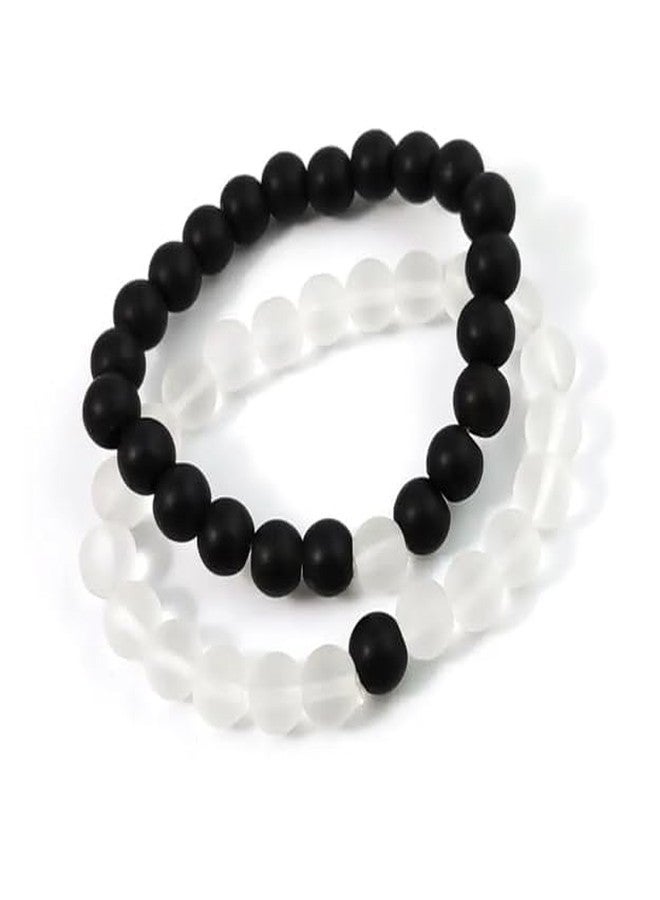 BEAUTIVIA Bracelet for Women Men boys Fashion White Black Beads Bracelets Couple Bracelets Strechable Adjustable Jewellery Birthday Gift Anniversary Wife Husband Stone Couples Combo Best Friend - Image 1