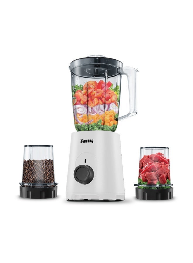 Tank Super Blender, 1.5L Glass Jug, 250ml BPA Free Plastic Grinder, 250ml BPA Free Plastic Meat Mincer, 600 Watts, White, YB-010, 2-Year Warranty - Image 1