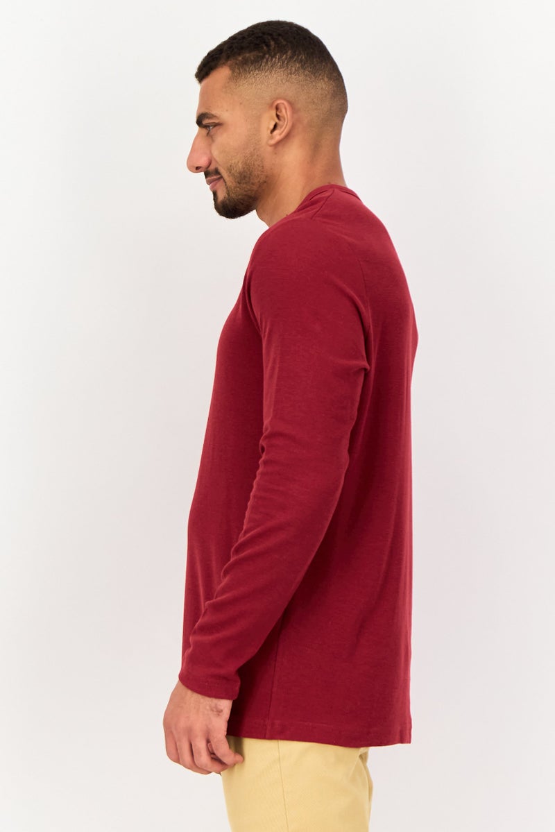 Celio Men Crew Neck Long Sleeve Plain T-Shirt, Maroon - Image 4
