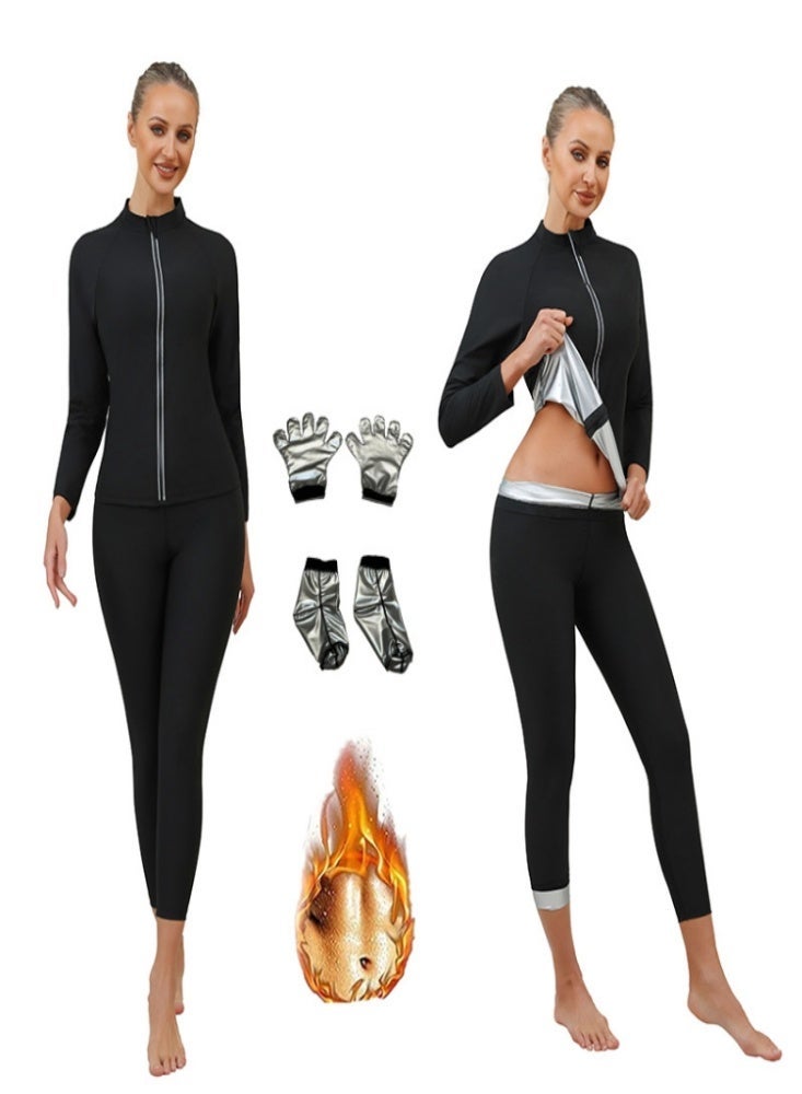 يس طقم ساونا نسائي، بأكمام طويلة + بنطال + قفازات + جوارب، لحرق المزيد من السعرات الحرارية، وزيادة التعرق، وملابس رياضية مُعززة للتعرق لإنقاص الوزن - Image 2