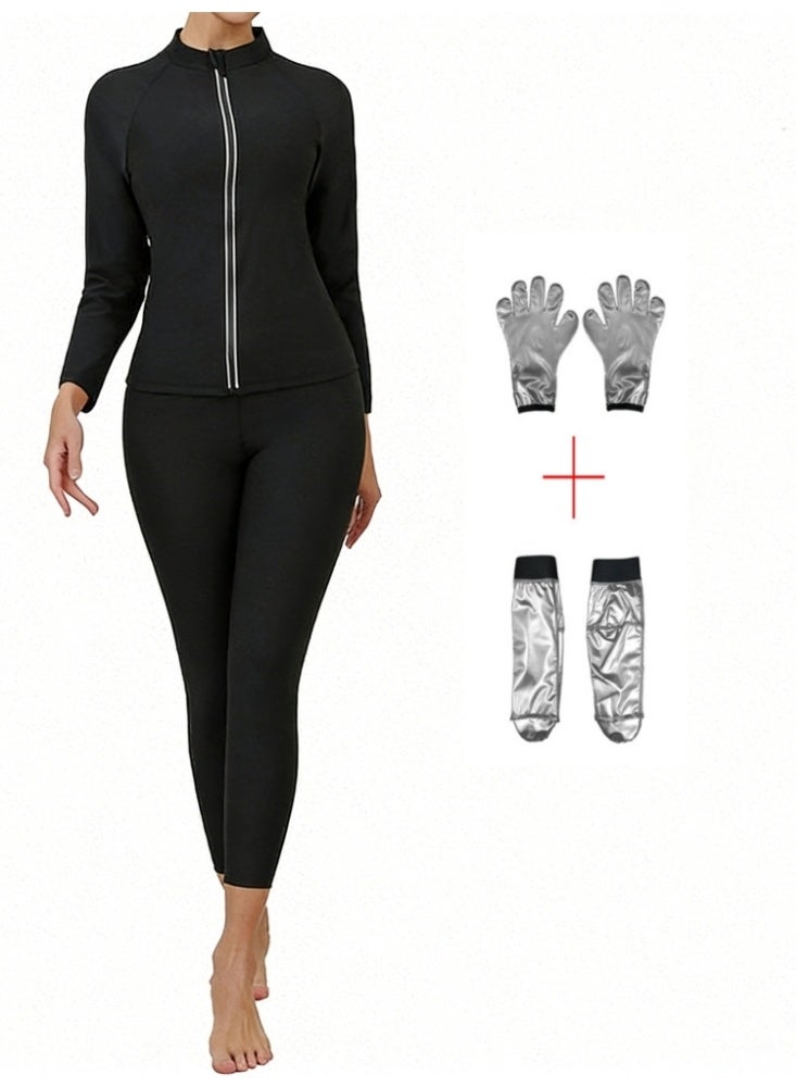يس طقم ساونا نسائي، بأكمام طويلة + بنطال + قفازات + جوارب، لحرق المزيد من السعرات الحرارية، وزيادة التعرق، وملابس رياضية مُعززة للتعرق لإنقاص الوزن - Image 1