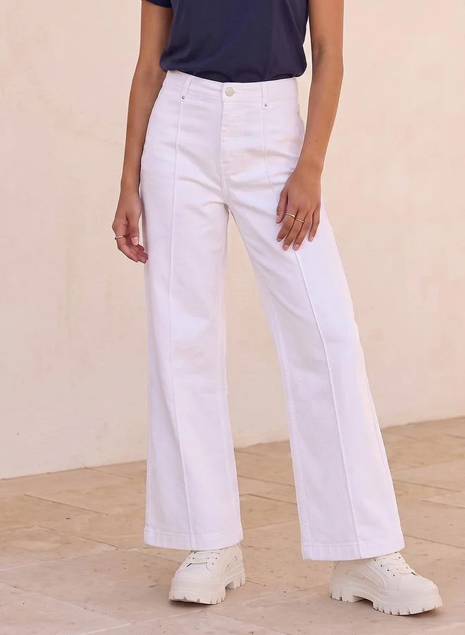 Denim Wide Leg Buttoned Waist Pants