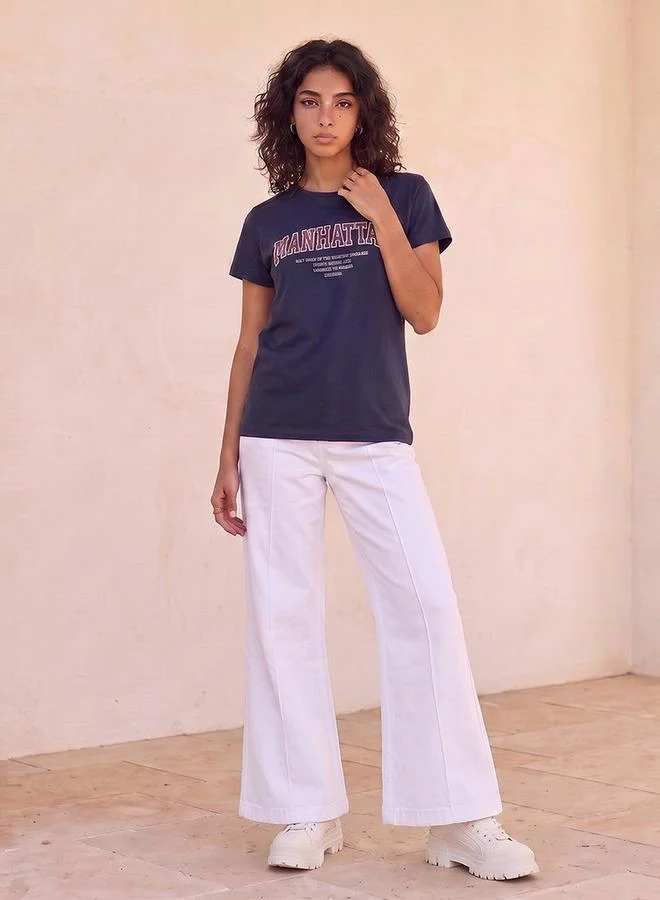 Splash FAV WHITE Denim Wide Leg Buttoned Waist Pants for Women | Best Price UAE