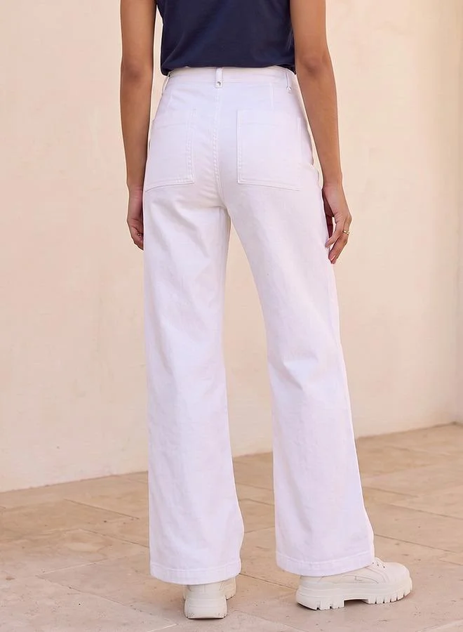 Splash FAV WHITE Denim Wide Leg Buttoned Waist Pants for Women | Best Price UAE