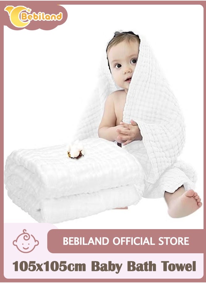 Bebiland 105x105cm Baby Bath Towel with Super Soft Cotton, 6 Layers Newborn Infant Towel Blanket, Suitable for Baby's Delicate Skin (White)  - Image 1
