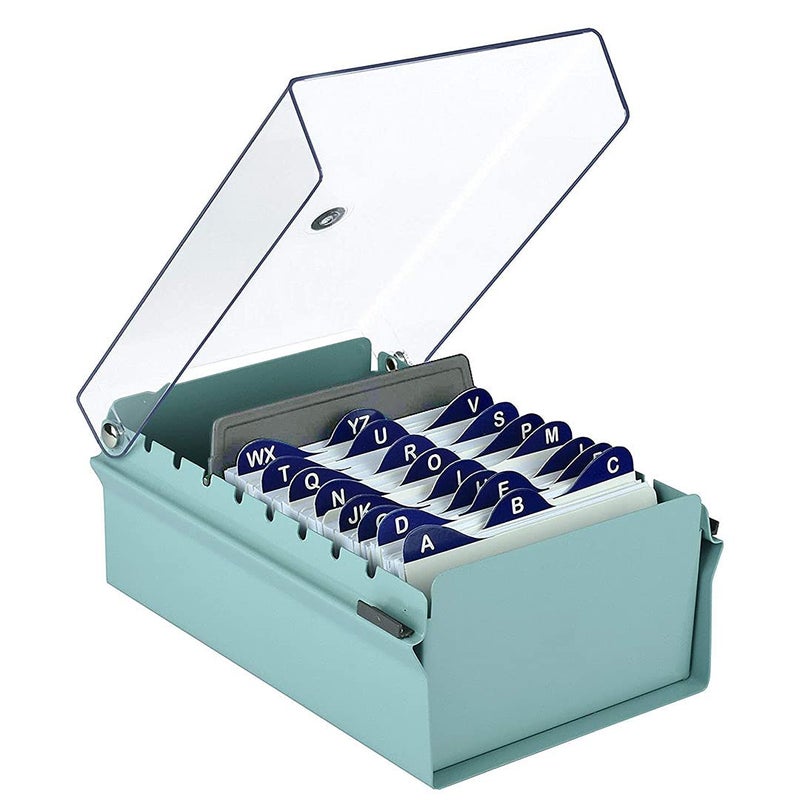 Acrimet 3 x 5 Card File Holder Organizer Box Metal Base Heavy Duty (AZ Index Cards and Divider Included) (Green Color with Clear Crystal Plastic Lid Cover) - Image 1