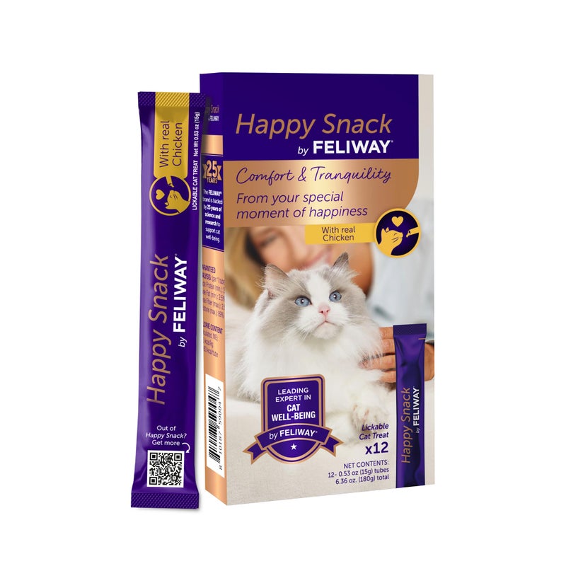 Feliway Happy Snack by FELIWAYÂ®, Delicious, Lickable, Squeezable PurÃ©e Cat Treats for a Daily Calming Routine, Made with Real Chicken, 12 Pack (0.5oz Tubes) - Image 1