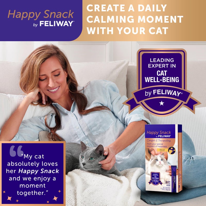 Feliway Happy Snack by FELIWAYÂ®, Delicious, Lickable, Squeezable PurÃ©e Cat Treats for a Daily Calming Routine, Made with Real Chicken, 12 Pack (0.5oz Tubes) - Image 4