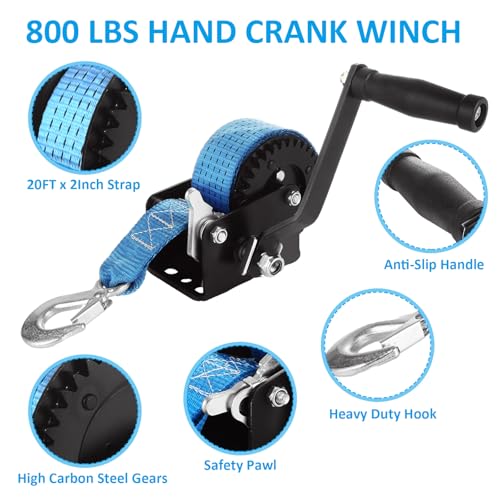 MIVIDE 800 LB Heavy Duty Boat Trailer Winch with 20FT Blue Strap, Hand Winch Boat Trailer Winch, Portable 2-Way Ratchet Hand Crank Winch with Strong Hook for for Boat, Truck, Trailer, RV - Image 3