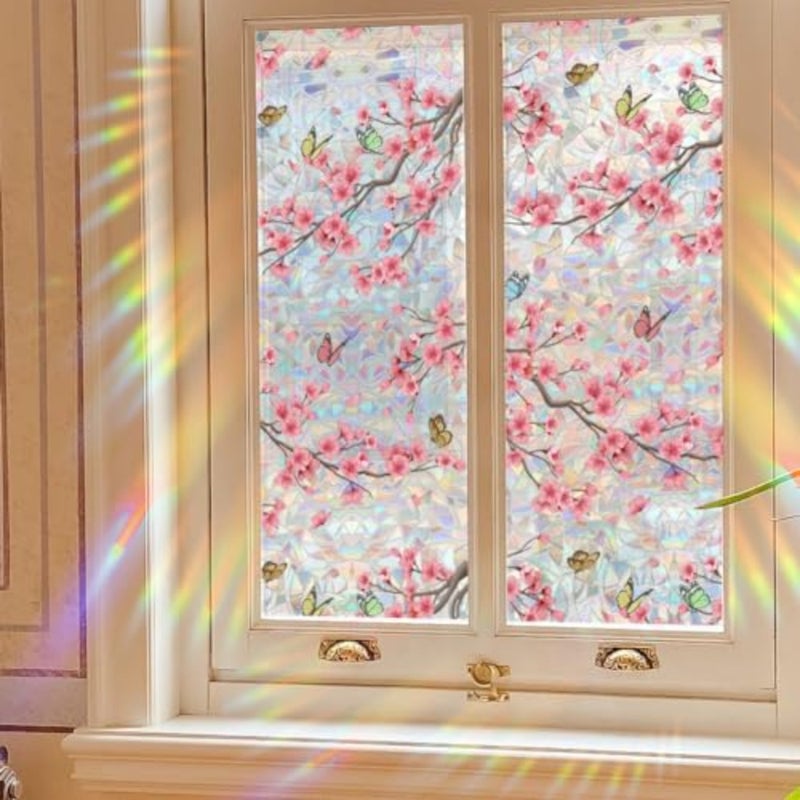 Window Privacy Film Rainbow Cherry Blossom Flower Window Clings 3D Decorative Vinyl Stained Glass Butterfly Floral Decals Static Cling Sticker Non-Adhesive, 15.75 x 40 Inch - Image 2