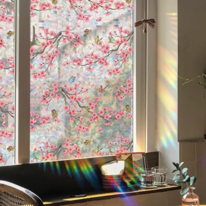 Window Privacy Film Rainbow Cherry Blossom Flower Window Clings 3D Decorative Vinyl Stained Glass Butterfly Floral Decals Static Cling Sticker Non-Adhesive, 15.75 x 40 Inch - Image 1