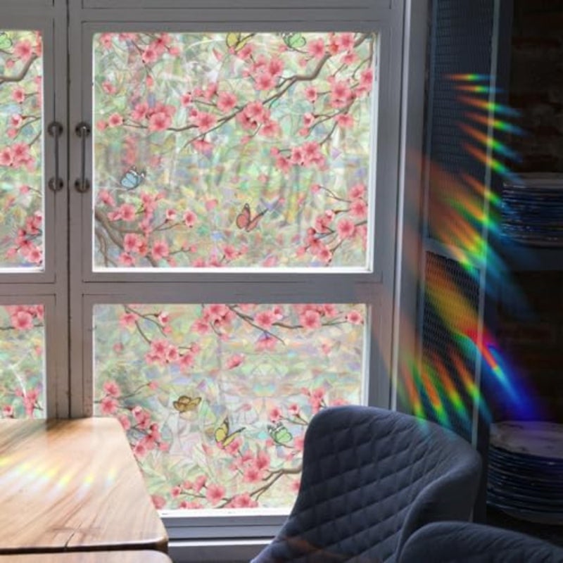 Window Privacy Film Rainbow Cherry Blossom Flower Window Clings 3D Decorative Vinyl Stained Glass Butterfly Floral Decals Static Cling Sticker Non-Adhesive, 15.75 x 40 Inch - Image 3