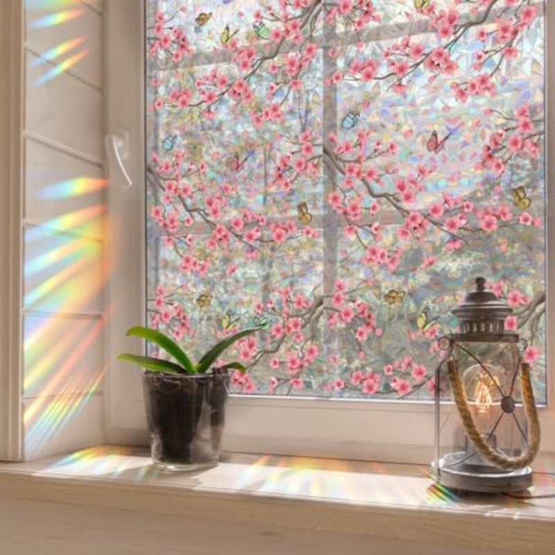 Window Privacy Film Rainbow Cherry Blossom Flower Window Clings 3D Decorative Vinyl Stained Glass Butterfly Floral Decals Static Cling Sticker Non-Adhesive, 15.75 x 40 Inch - Image 4