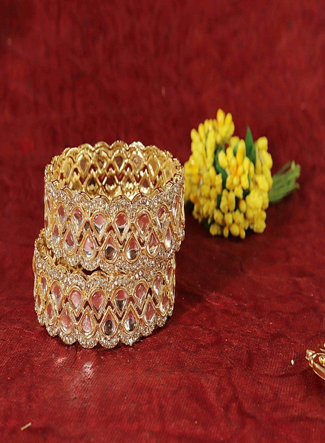 LAVAZZA Latest Metal Bangles Kada Set For Women & Girls with Zircon Diamond & Kundan Stone | Traditional Women's Bangles Set | Kangan Bangles Bracelet | Wedding, Party-(LV_RKM26-Gold-2.6) - Image 4