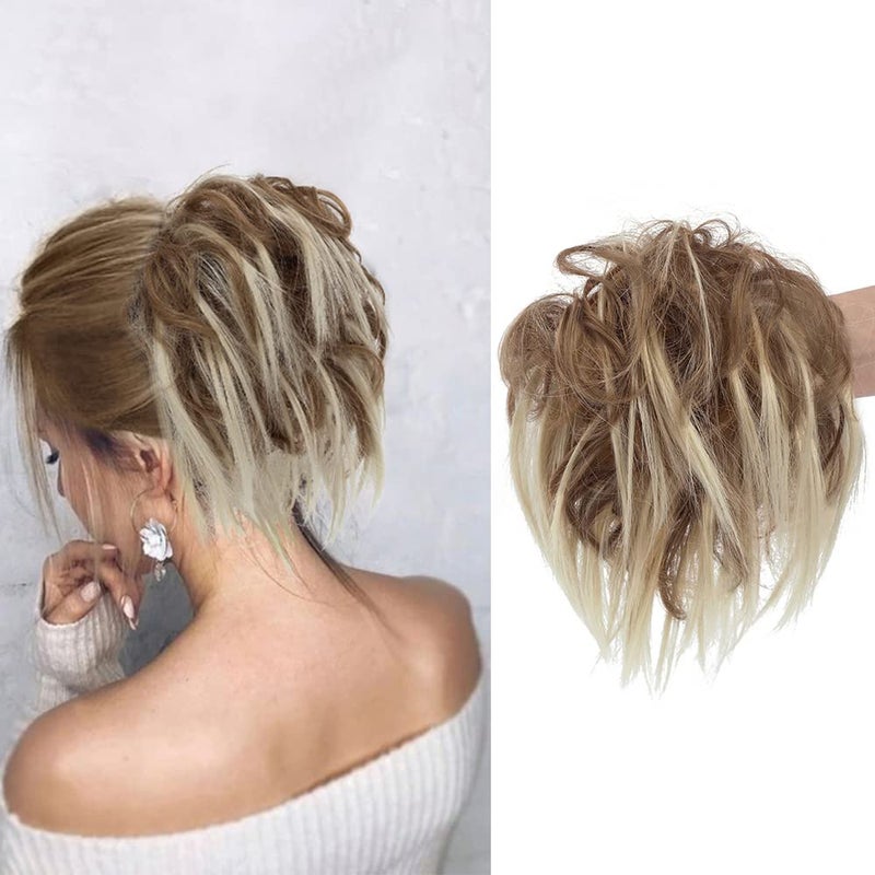 KETHBE KETHBE Messy Bun Hair PieceSynthetic Tousled updo Hair Buns Hair Piece Short Ponytail Faux Hair Scrunchie Extension with Elastic Rubber Band Fake Hair Pieces for Women Light Brown Mix Bleach Blonde 