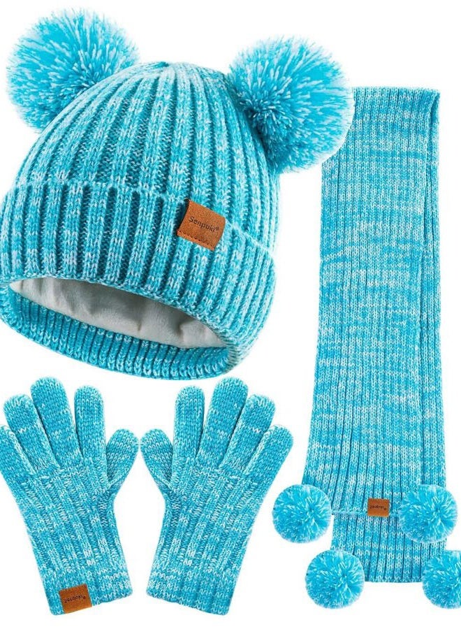 SENPUKI Kids Winter Hat Gloves Scarf Set, Girls Toddler Children Beanie with Pom Knit Neck Warmer Gaiter Mittens Fleece Lined Set（Mint Green Mix） - Image 1